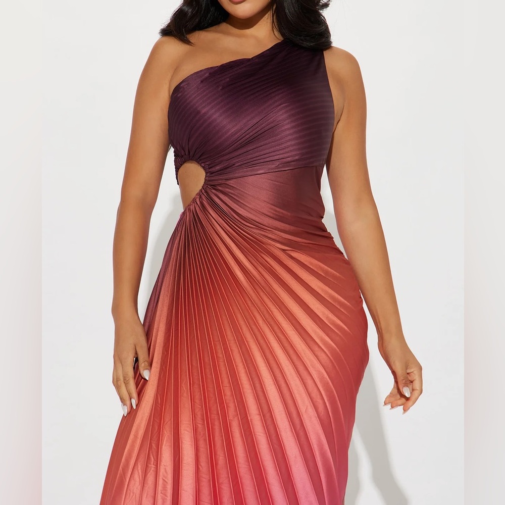 Fashion Nova One-Shoulder Ombre Pleated Gown in Burgundy-to-Pink - Picture 2 of 8